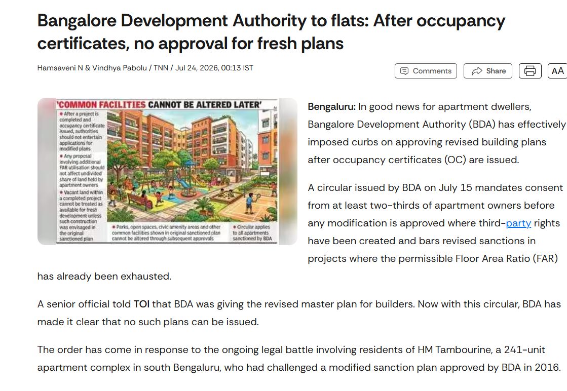 Bangalore Development Authority to flats: After occupancy certificates, no approval for fresh plans